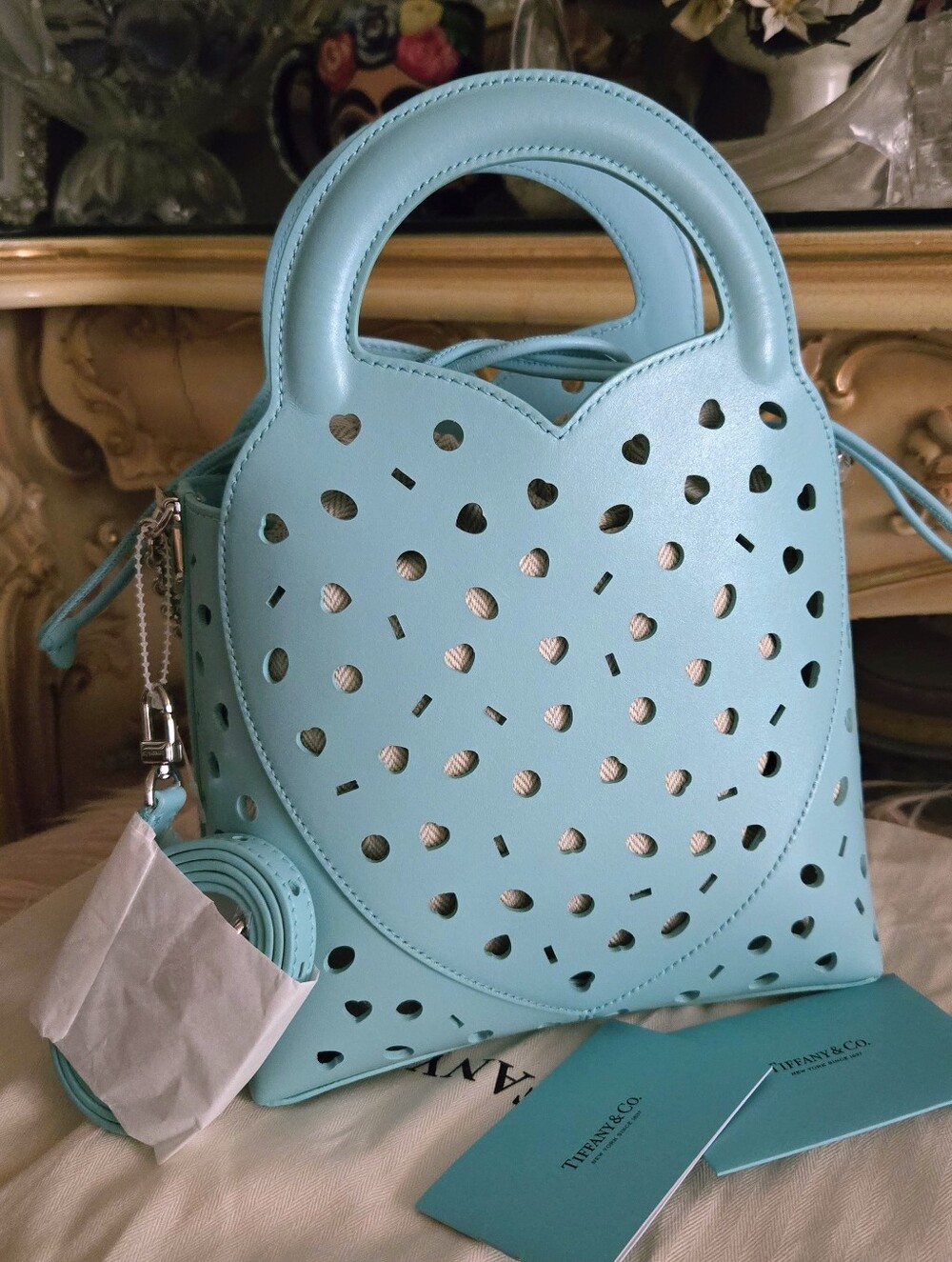 Tiffany & Co. Tiffany Blue Perforated Leather Tote Crossbody Bag With Chain